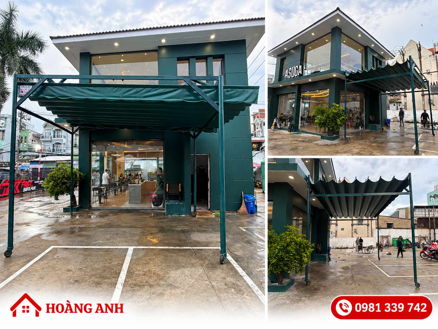 Hình ảnh thi công mái xếp hoàn thiện cho quán ASUGA ở TPHCM 