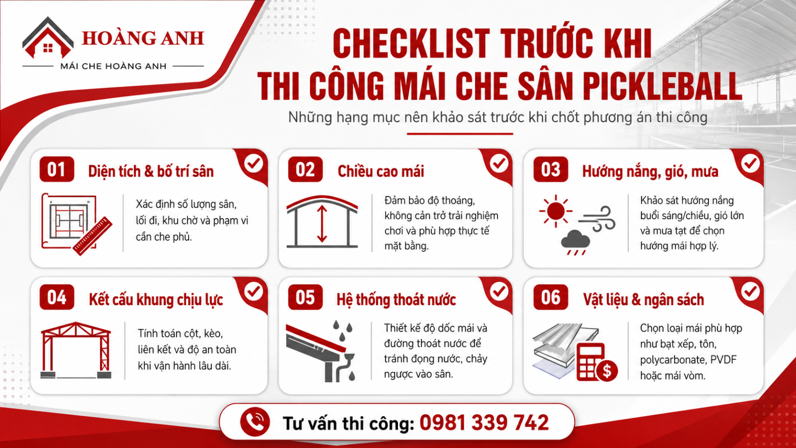 Checklist thi công mái che sân pickleball